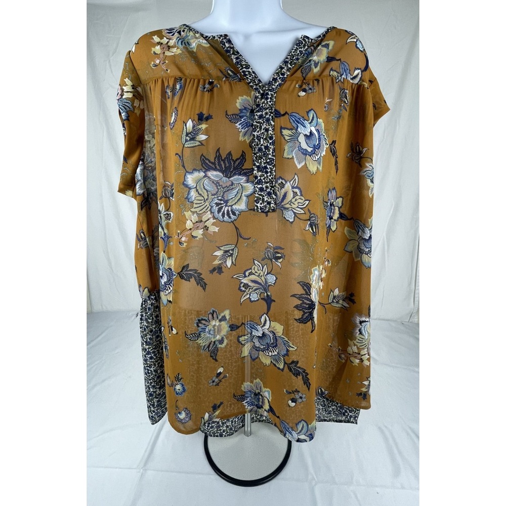 DR2 DANIEL RAINN WOMENS FLORAL BOHO BLOUSE MUSTARD YELLOW SHEER PEPLUM SIZE 1X